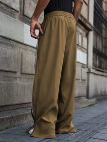 Men's Wide Leg Printed Drawstring Waist Street Pants, Fall Wide Leg - Rust Brown - View 2