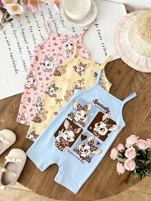 [RANDOM 4 PCS SEND 1 PC] Baby Girls Pink Summer Cute Family Matching Retro Leopard Bow Cartoon Rabbit Graphic Suspender Romper,Korean Style Outfit - Multicolor - View 2