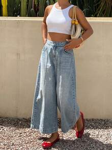Livesso Quần jeans nữ cạp cao dáng rộng ống rộng có túi bên hông - trắng - Xem 2