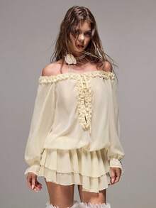 Sweetness Summer Vacation Music Festival Golf Outfit, Sweet Spicy Ruffle V-Neck Off Shoulder Chiffon Dress White Sexy - Beige - View 8