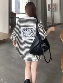 TOM AND JERRY X DAZY Women's Striped Casual Long Sleeve Cartoon Color Block Patchwork T-Shirt - Black - View 2