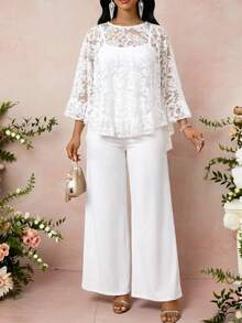 SHEIN Lady Women's Solid Color Lace Patchwork Round Neck Long Sleeve Top And Pants 2-Piece Set Holiday Outfits For Women Elegant Women's Set - White - View 4