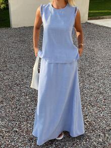 Livesso Spring Summer Aqua Blue Round Neck Sleeveless Solid Color Top Casual Minimalist Long Skirt Women's Two Pieces Set Vacation - Blue - View 5