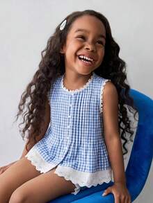 SHEIN X GALILEA Maija Kids Maija Kids 女童夏季休闲格子拼接前扣吊带背心 - 藍白色 - 查看 5