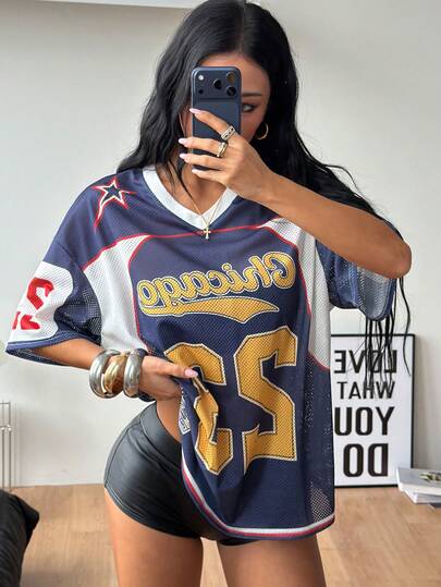 Coolane Women's & Men's Summer Streetwear Sportswear Athleisure Number Pattern Stretchy Breathable Mesh Navy Blue Oversized Jersey T-Shirt