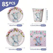 Pink Elephant & Flowers Disposable Plates, Napkins And Cups Set, Serves 20 Guests. This Disposable Party Set (Including Plates, Napkins And Cups) Is Perfect For Birthday Parties, Weddings And Family Picnics. - View 10