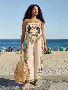 CAJUNI Plus Size Women Bird Print Asymmetric Hem Camisole And Wide Leg Pants Casual Outfit - Multicolor - View 5