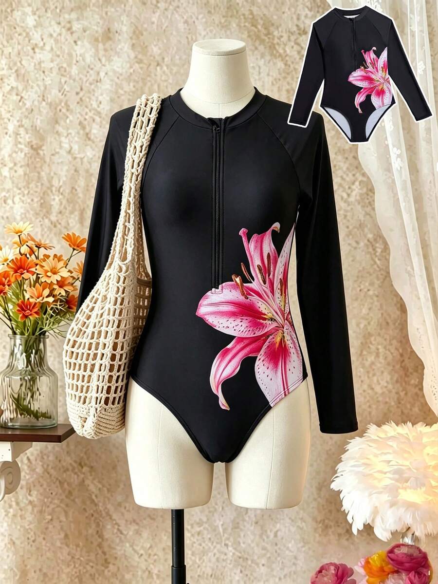 SHEIN 少女黑色百合花印花连体泳衣,长袖拉链设计,款式保守休闲,时尚优雅,适合游泳、夏季度假、海滩和泳池穿着。 - 黑色 - 查看 1