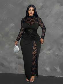 Maweii Plus Size Women Elegant Lace Patchwork Twist Front Solid Knit Long Sleeve Dress Maxi Women Outfit Fall Cloth For Women - Black - View 5
