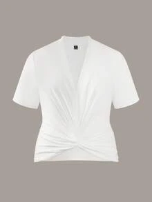 SHEIN LUNE CURVE Elegantes, lässiges weißes T-Shirt mit gekreuztem Ausschnitt in großen Größen für Damen, weiße Bluse, Partykleid, Frühlings-/Sommertop, Strandoutfit, elegantes Partytop, lässiges Top, Top für Hochzeitsgäste, luxuriöses Abendkleid, Urlaubsoutfit, Top für den Schulabschluss, Top für Geburtstage, Sommerurlaubsoutfit, Business-Kleidung - Weiss - Übersicht 4