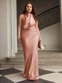 ZEYLAH Satin Halter Elegant Mermaid Dress - Pink - View 6