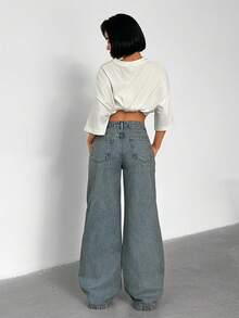 SHEIN Women's Casual Everyday Slant Pocket Wide Leg Jeans - Medium Wash - View 2