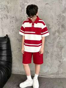 Casuvi Kids 男童休闲学院风白红条纹polo衫+红色梭织短裤套装（2件），适合夏季户外活动 - 紅色 - 查看 12