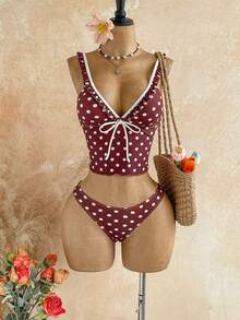 Soleia Women's White Polka Dot Print Deep V-Neck Bikini Set Beach Summer Cute - Brown - View 9
