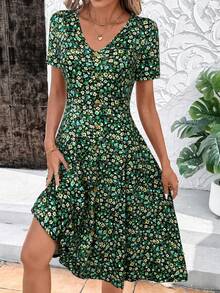 SHEIN Clasi 女款新款時尚優雅V領碎花裝飾鈕扣陽光傘裙中長洋裝，短袖夏季洋裝，適合日常通勤與辦公穿著 - 綠色 - 查看 6
