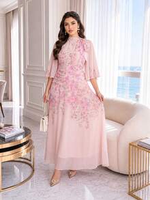 Auveirra Plus Size Women Elegant Floral Print Tie Neck Dress Sundress Pink - Pink - View 6