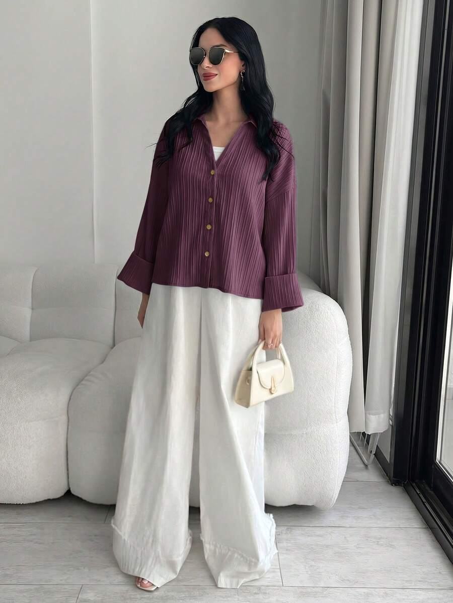 Solavon 女款純色翻領前扣式寬鬆休閒優雅長袖襯衫,深紫色,適合早午餐與秋季 - 紫色 - 查看 1