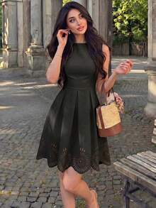 Modelyn Women's Apricot Sleeveless Waist Gathered A-Line Embroidered Elegant Romantic Dress, Spring/Summer Summer Dresses For Women - Black - View 5