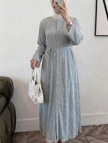Solavon Stylish Women Pleated Texture Long Maxi Dress With Belt Casual Button Front A Line Dress For Everyday Wear - Baby Blue - View 3