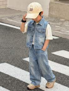 2 pièces Ensemble jeune garçon gilet sans manches en jean bleu vintage et pantalon ample - Jean clair - Voir 4
