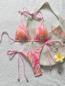 Swim Vcay 女款夏季海灘太陽印花掛脖綁帶比基尼與三角泳褲泳衣套裝 - 彩色 - 查看 8