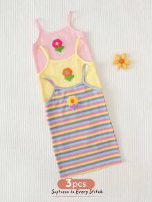 Cozy Pixies Baby Girls 3-Piece Knit Striped&Solid Floral Dress Set,Cute Vacation Style,Spaghetti Strap Fitted Suitable For Spring/Summer Outings, - Multicolor - View 5