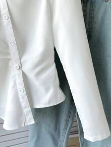 SHEIN Kids Tween Girls' Elegant All White Winter Casual Graduation Back-To-School Lapel Button Front Asymmetric Hem Ruched Blouse Top Fitted Shirt - White - View 7
