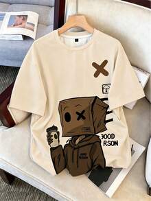 Daypath Men Plus Size Cartoon Letter Print Fashionable Summer Casual Sportswear Tee, Holiday - Apricot - View 3