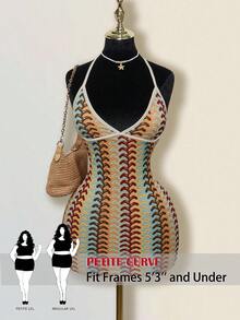 SHEIN PETITE CURVE 大码女式彩色提花针织撞色罗纹饰边露背深V领迷你沙滩裙，波西米亚风格 - 彩色 - 查看 5