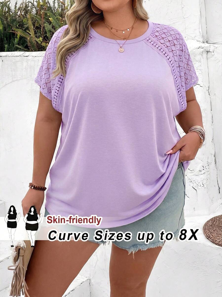 SHEIN CURVE+ Plus Size Color Block Lace Splicing Short Sleeve T-Shirt, Suitable For Beach Vacation In Summer Boho Vacation - Mauve Purple - View 1