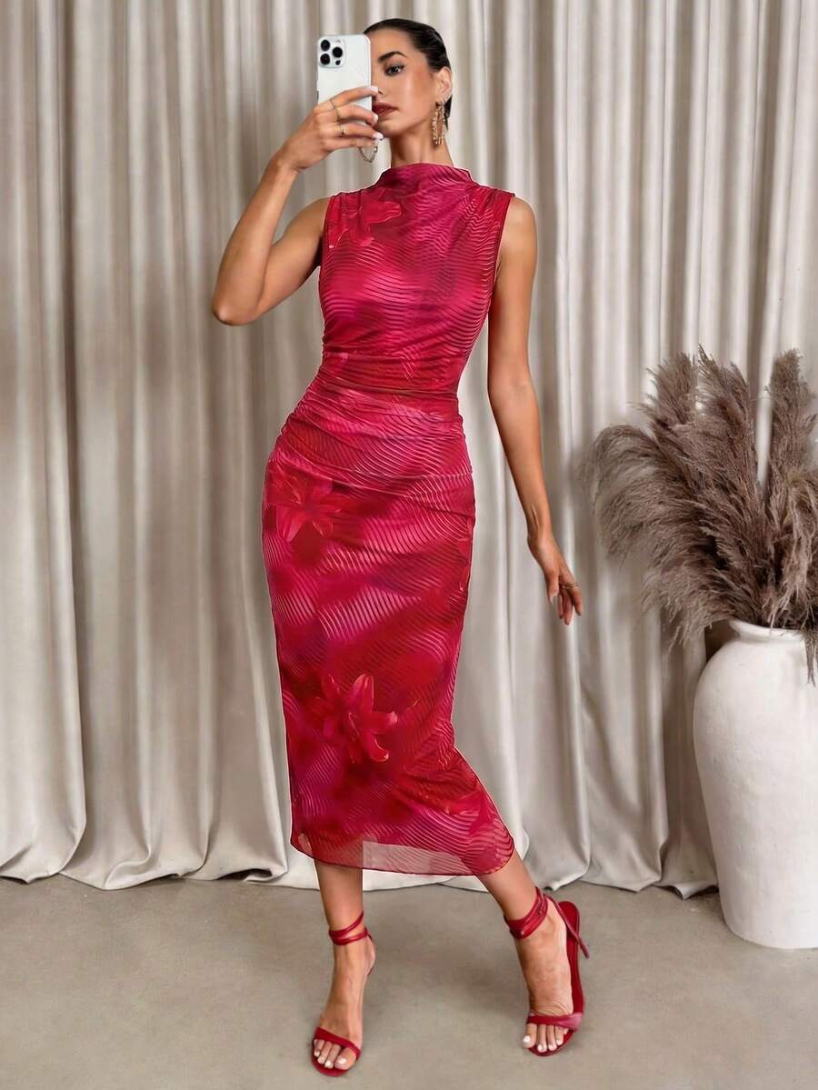 Lavishia 热带印花无袖褶皱浪漫优雅修身连衣裙 - 紅色 - 查看 1
