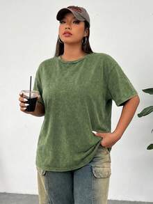 Solflare Kaos Lengan Pendek Longgar Rajut Vintage dengan Tampilan Cuci Asam Ukuran Besar, Hijau Zaitun - Dark Green - View 3