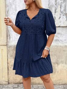 Breezaya Plus Size V-Neck Lantern Sleeve Tassel Lace Patchwork Dress - Navy Blue - View 4