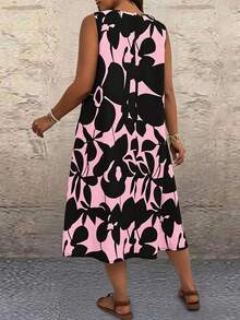 EMERY ROSE Plus Size Floral Print Round Neck Sleeveless Summer Dress - Pink - View 2