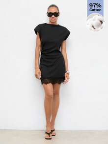 Maija Summer Black Elegant Date Night Ribbed Short Dress,Lace Patchwork Cinched Waist Fitted Urban Elegant Vibe For Women Party Cocktail Wedding Guest - Black - View 6