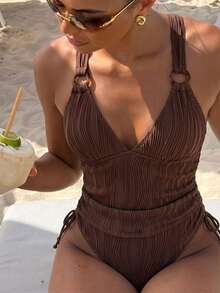 Bonvoyette Conjunto de tankini de 2 piezas con cuello en V, cintura fruncida con cordón y lazos laterales, en tela con textura ondulada y efecto tie-dye marrón, estilo para mujeres maduras, para primavera/verano - Café integral - Ver 1