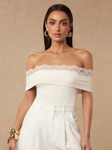 Silquee Women's Off-White Slim-Fit Fashion Top With Lace Neckline, An Elegant Top Suitable For Summer Parties, Dinners, The Office, And Holidays In 2026. Women - Apricot - View 3