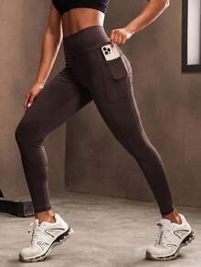 Powerista Leggings deportivos para mujer con bolsillo lateral, cintura ancha y sólida - Marrón - Ver 7