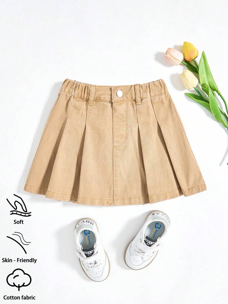 SHEIN Young Girls' Casual Cute Denim Pleated Skirt, Summer Lightweight New Arrival, Washed White, Casual Cute Sweet Street Fashion , Minimalist Design, 3/4 Elastic Waist, Snap Button Decor, A-Line Non-Stretch Denim Shorts, Soft Cotton Denim Fabric, Daily, Party, School, Commute, 2026 Summer New Release - Khaki - View 1