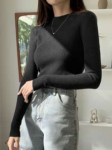 DAZY Mock Neck Ribbed Knit Jumper - Black - View 3