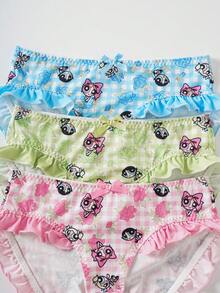 THE POWERPUFF GIRLS X SHEIN 3 chiếc quần lót nữ in hình hoạt hình kẻ caro dễ thương, có bèo nhún. - Nhiều màu - Xem 3