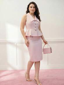 MOTF PREMIUM PLUS SIZE WOMEN SUMMER WAIST CINCHED RHINESTONE BUCKLE SLEEVELESS RUFFLE HEM JACKET - Pink - View 5