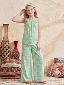 SHEIN Bộ đồ đi nghỉ mát 2 món cho bé gái tuổi teen: áo không tay cổ tròn dáng rộng màu hồng in hoa và quần ống rộng. - Nhiều màu - Xem 6