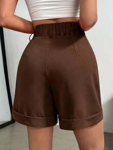 SHEIN Clasi 大尺碼女款夏季休閒通勤純色口袋短褲 - 棕色 - 查看 2