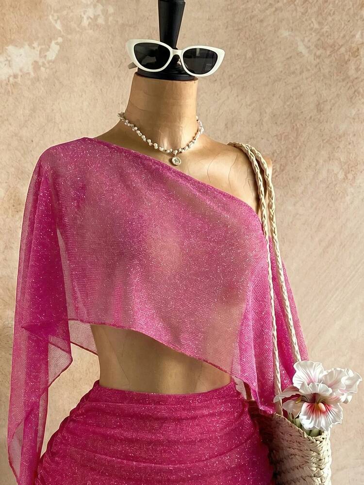 Soleia Bộ đồ dự tiệc gợi cảm mới, áo kiểu lệch vai đính sequin vàng, dáng rộng, vạt áo lệch và chân váy ngắn xếp ly cạp thấp, phong cách Bohemian, Boho, đi nghỉ mát, cổ điển, lễ hội, bãi biển, du thuyền. - Màu Hồng Tươi - Xem 5