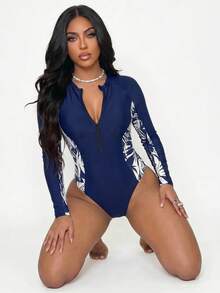 Slaydiva Slayr Women's Zipper Front One-Piece Swimsuit, Navy And White Floral Tropical Print Surfing Suit, Cute Active Summer Beach Vacation Pool Party Club - Navy Blue - View 6