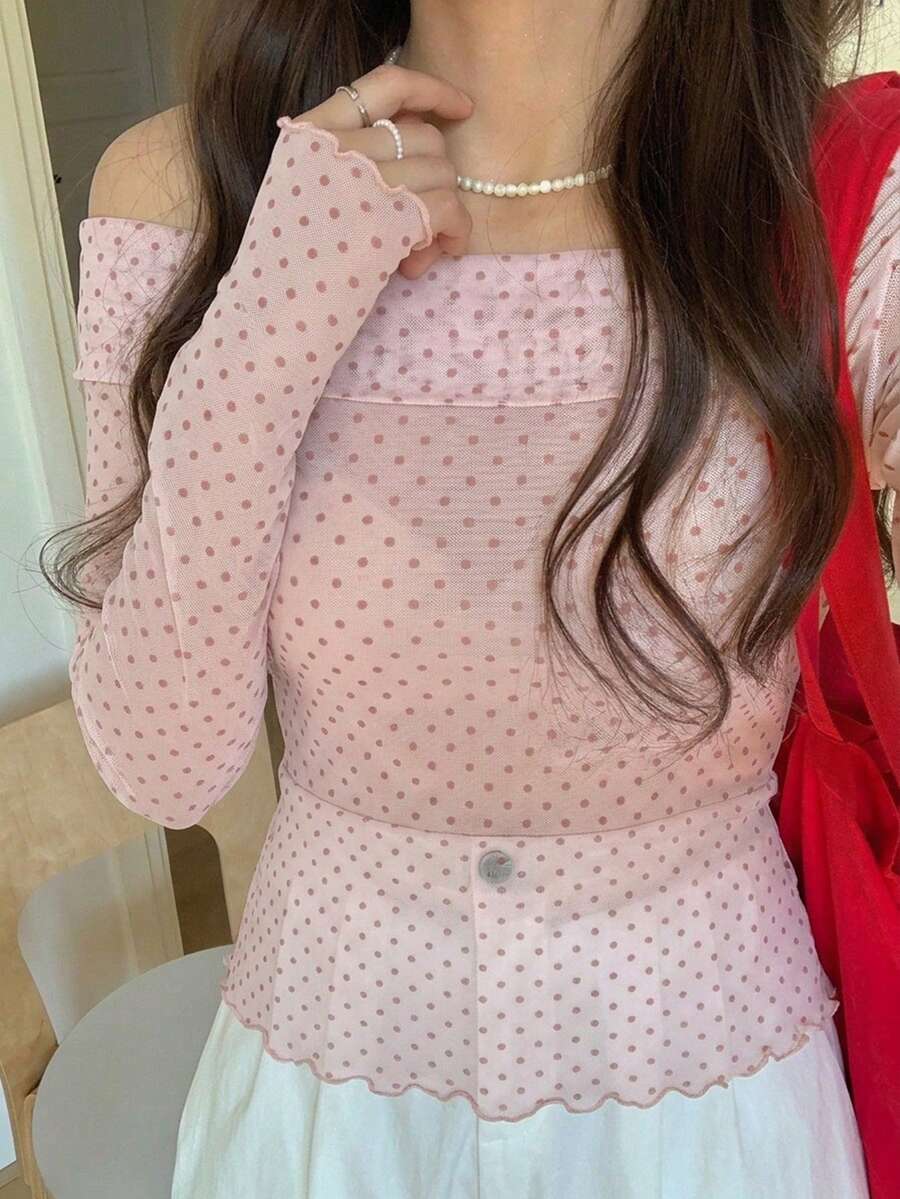 DAZY 女士波点薄纱长袖圆领打底衫，春夏款 - 粉色 - 查看 1