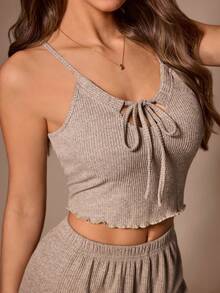 Lazeform Women's Super Soft Textured Ribbed Camisole And Shorts Set, Casual Loungewear - Khaki - View 2