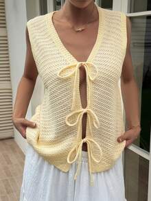 Livesso Women's Autumn Pale Yellow Front Design Lace-Up Tie-Front Cardigan Camisole Knit Top, Casual French Romantic Boho Cute Vacation Beach Style Open Front - Yellow - View 5