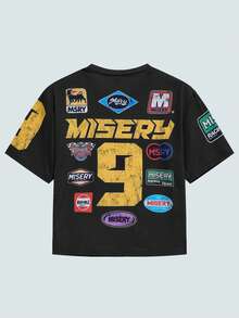 Modcrash 男士黑色宽松T恤，饰有“Misery 9”赛车贴片印花，街头风格 - 黑色 - 查看 2